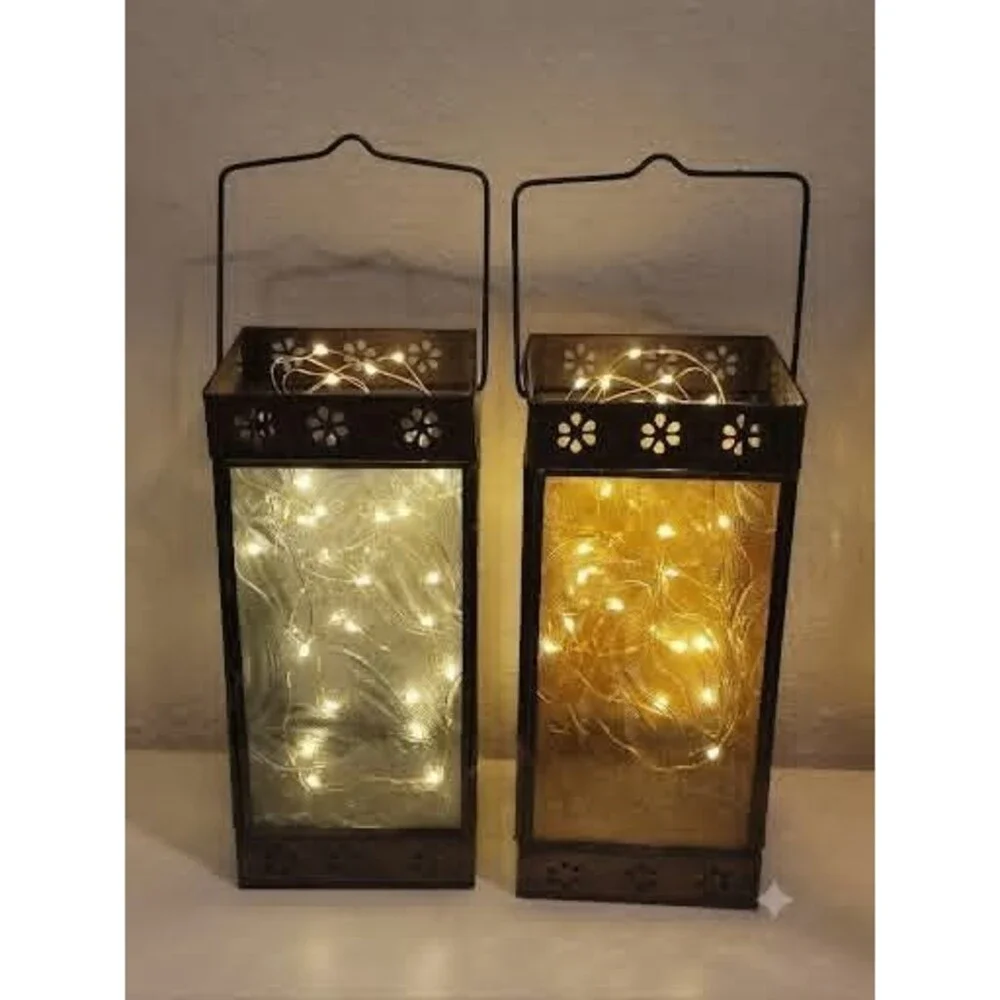 Metal Glass Hanging Lantern Candle Holder Fairy lights Fall Leaves Decor Autumn